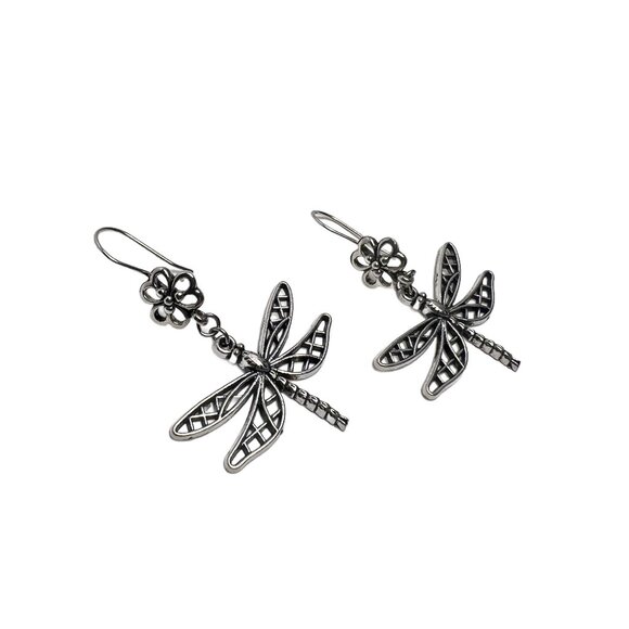 Dragonfly Dangle Earrings Flower Ear Wires Antique Silver Tone - Picture 4 of 8